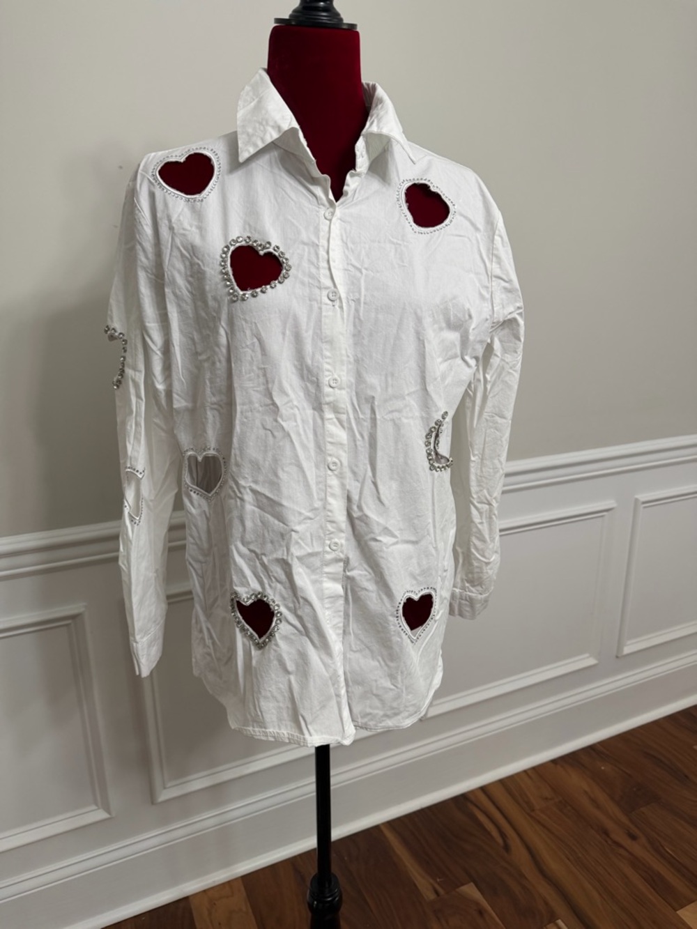 Lizzete Collection White Button-Up Shirt with  Heart Cutouts